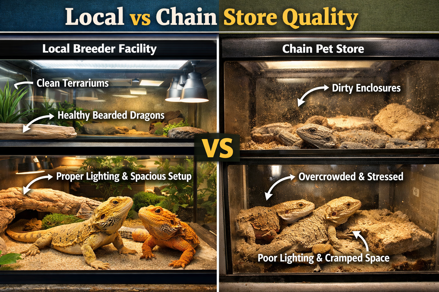 Landscape format (1536x1024) split-screen comparison image showing reputable local breeder facility on left with clean terrariums, healthy d