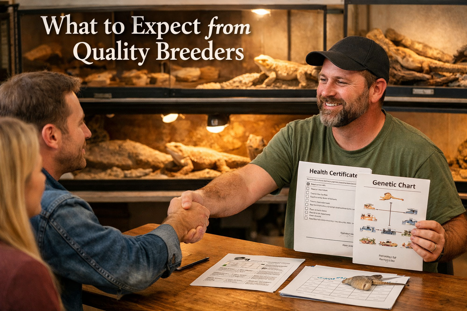 Landscape format (1536x1024) image showing bearded dragon breeder consultation scene with professional breeder showing health certificates a