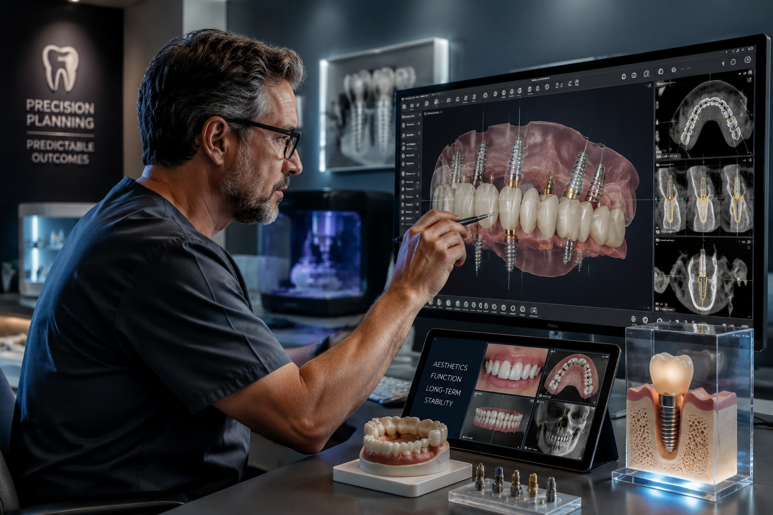 Detailed () image comparing the specialized expertise of a prosthodontist for complex dental implant cases. This image