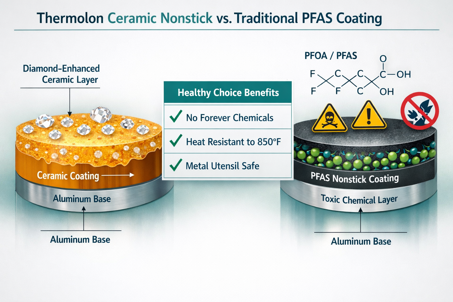 Detailed infographic illustration (1536x1024) showing molecular cross-section of Thermolon ceramic nonstick coating versus traditional PFAS-