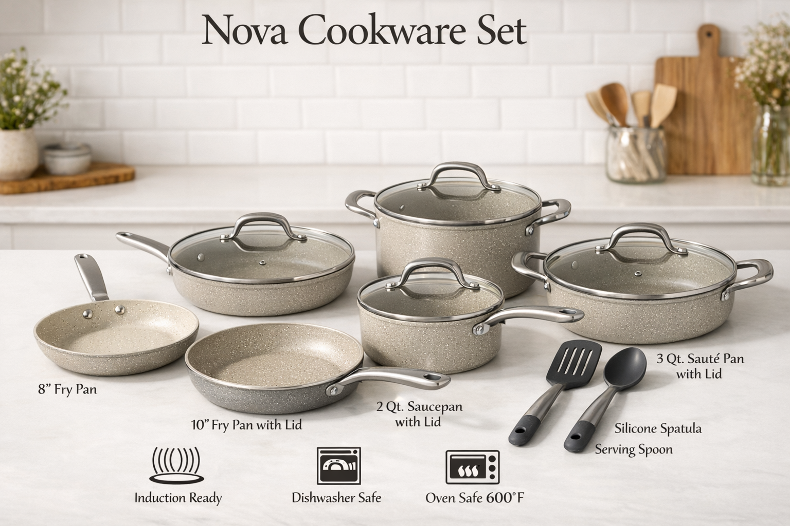 Comprehensive lifestyle photograph (1536x1024) displaying all 10 pieces of Nova cookware set arranged systematically on clean white surface: