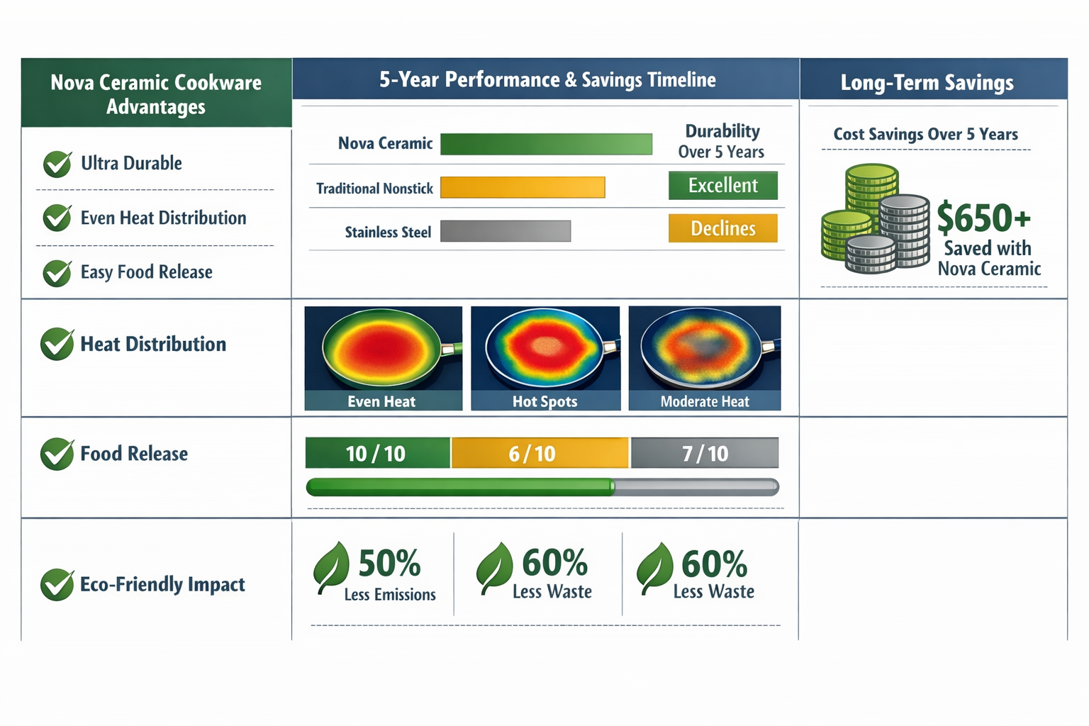 Side-by-side comparison chart (1536x1024) showing Nova ceramic cookware performance versus traditional nonstick and stainless steel over 5-y