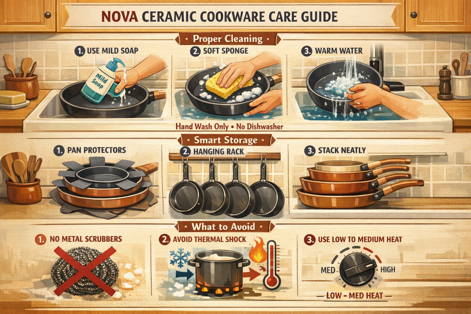 Detailed maintenance guide visual (1536x1024) showing proper care techniques for Nova ceramic cookware. Top section: hand-washing demonstrat