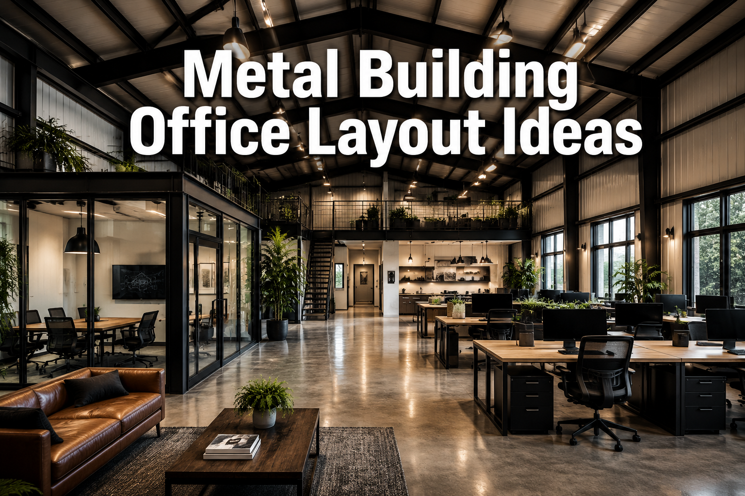 Professional () hero image with : 'Metal Building Office Layout Ideas' in extra large white with dark drop , centered upper
