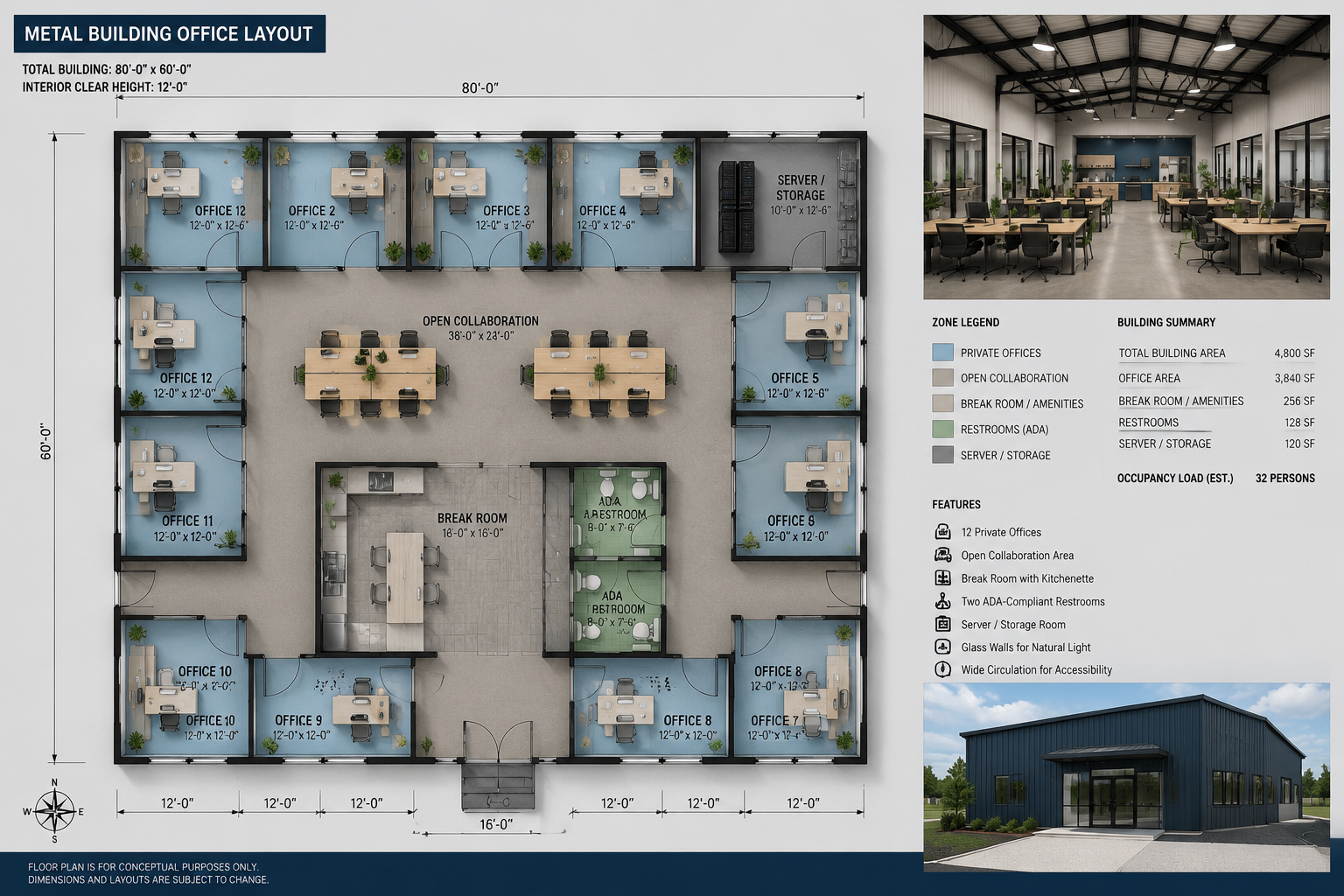 Detailed () editorial illustration showing a bird's-eye floor plan view of a metal building office layout with clearly