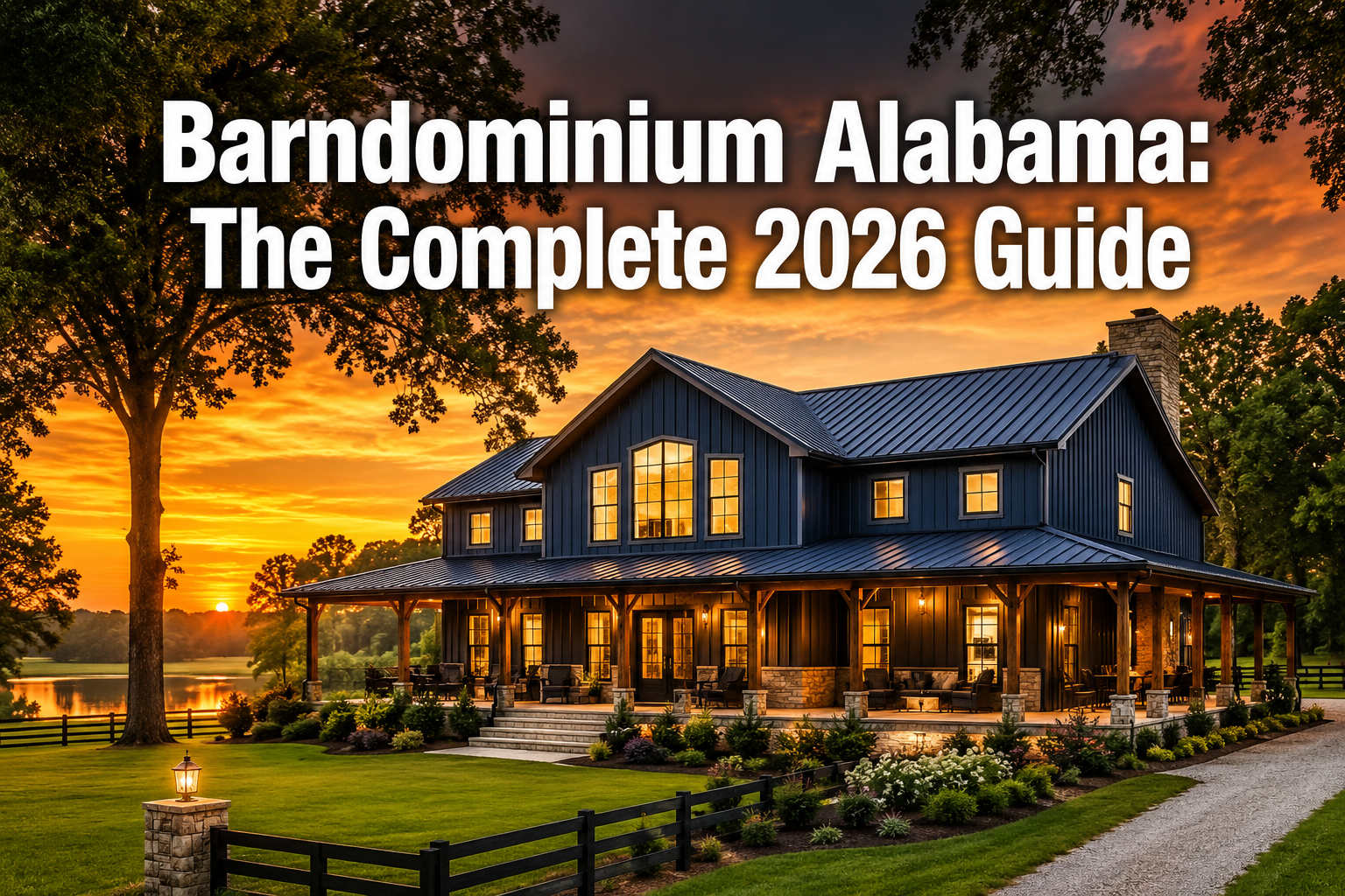Professional () hero image with : 'Barndominium Alabama: The Complete 2026 Guide' in extra large white with dark drop ,