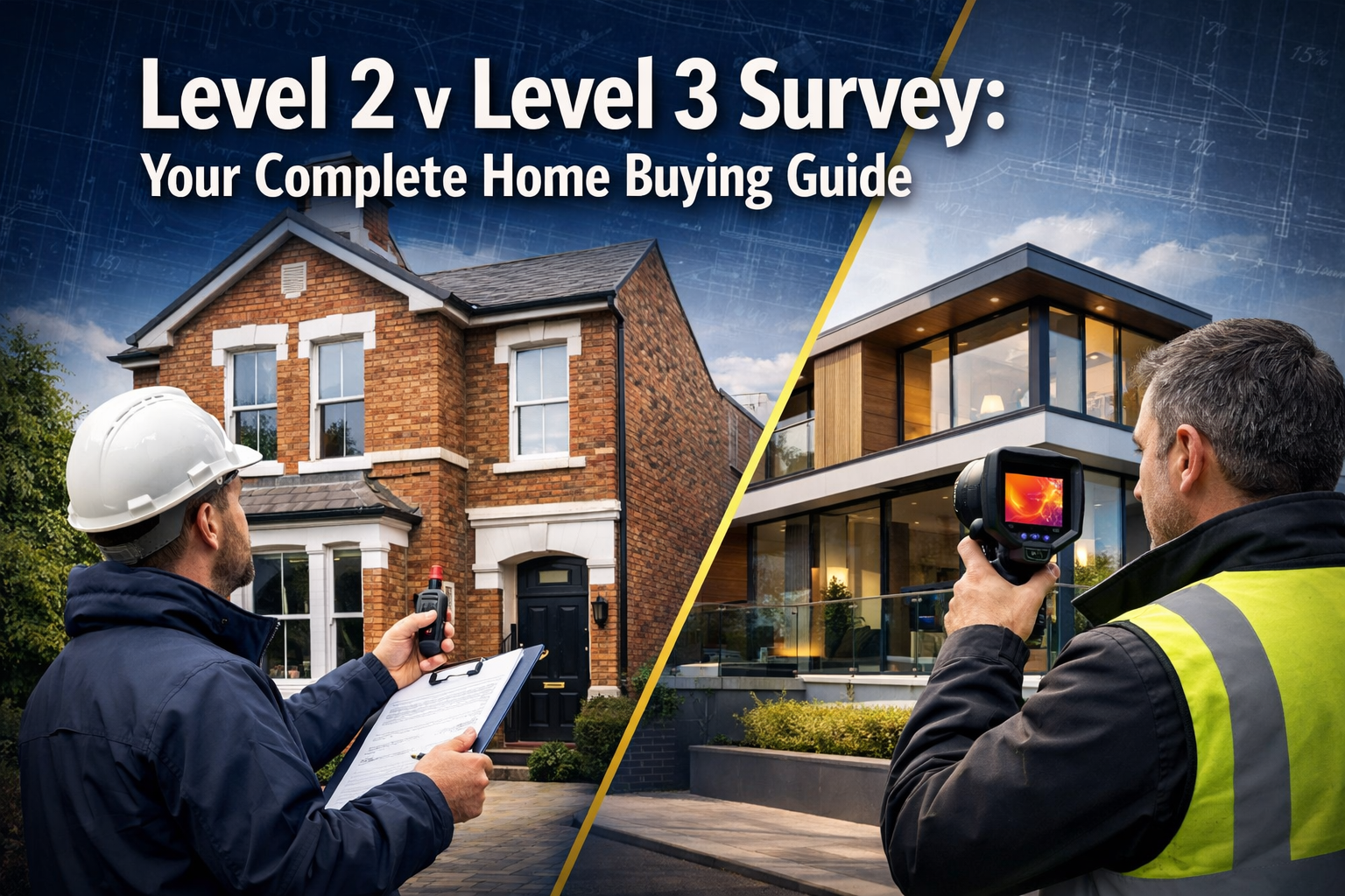 Professional landscape hero image (1536x1024) featuring bold text overlay 'Level 2 v Level 3 Survey: Your Complete Home Buying Guide' in ext