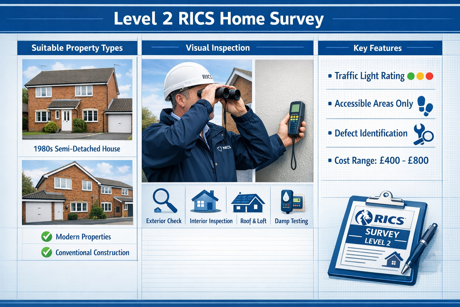 Detailed comparison infographic showing Level 2 RICS Home Survey characteristics in landscape format (1536x1024). Left column displays moder