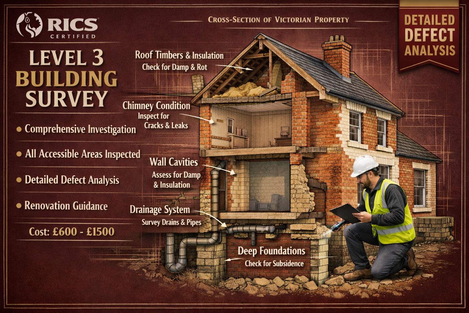 Comprehensive visual comparison chart for Level 3 Building Survey in landscape editorial format (1536x1024). Features Victorian-era property