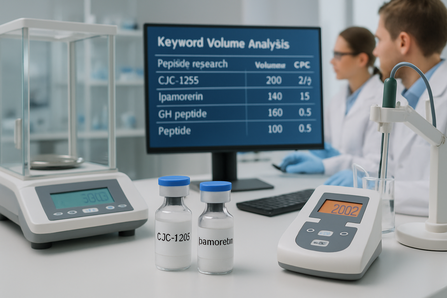 Laboratory research setting showing peptide vials labeled CJC-1295 and Ipamorelin alongside scientific equipment including precision scales,