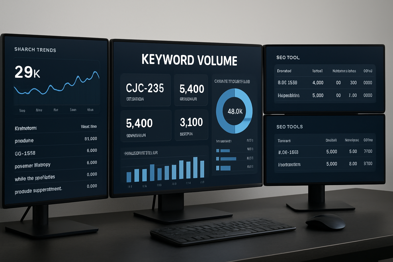 Advanced analytics dashboard displaying keyword volume metrics for peptide research terms, with multiple monitors showing search trend graph