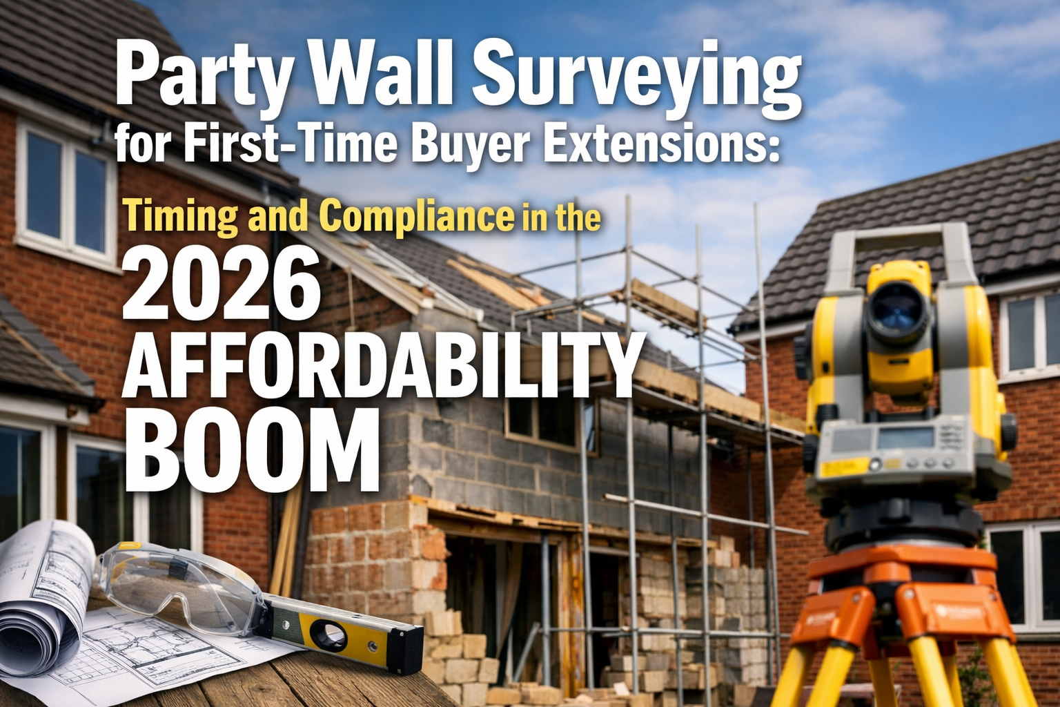 Professional landscape hero image () with : "Party Wall Surveying for First-Time Buyer Extensions: Timing and Compliance in