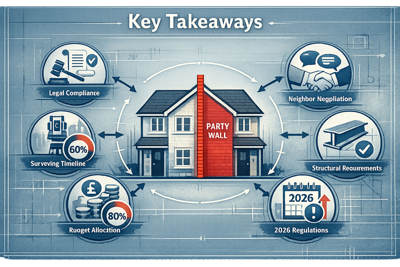 Infographic-style visual for 'Key Takeaways' section with architectural blueprint background in muted blues and grays.