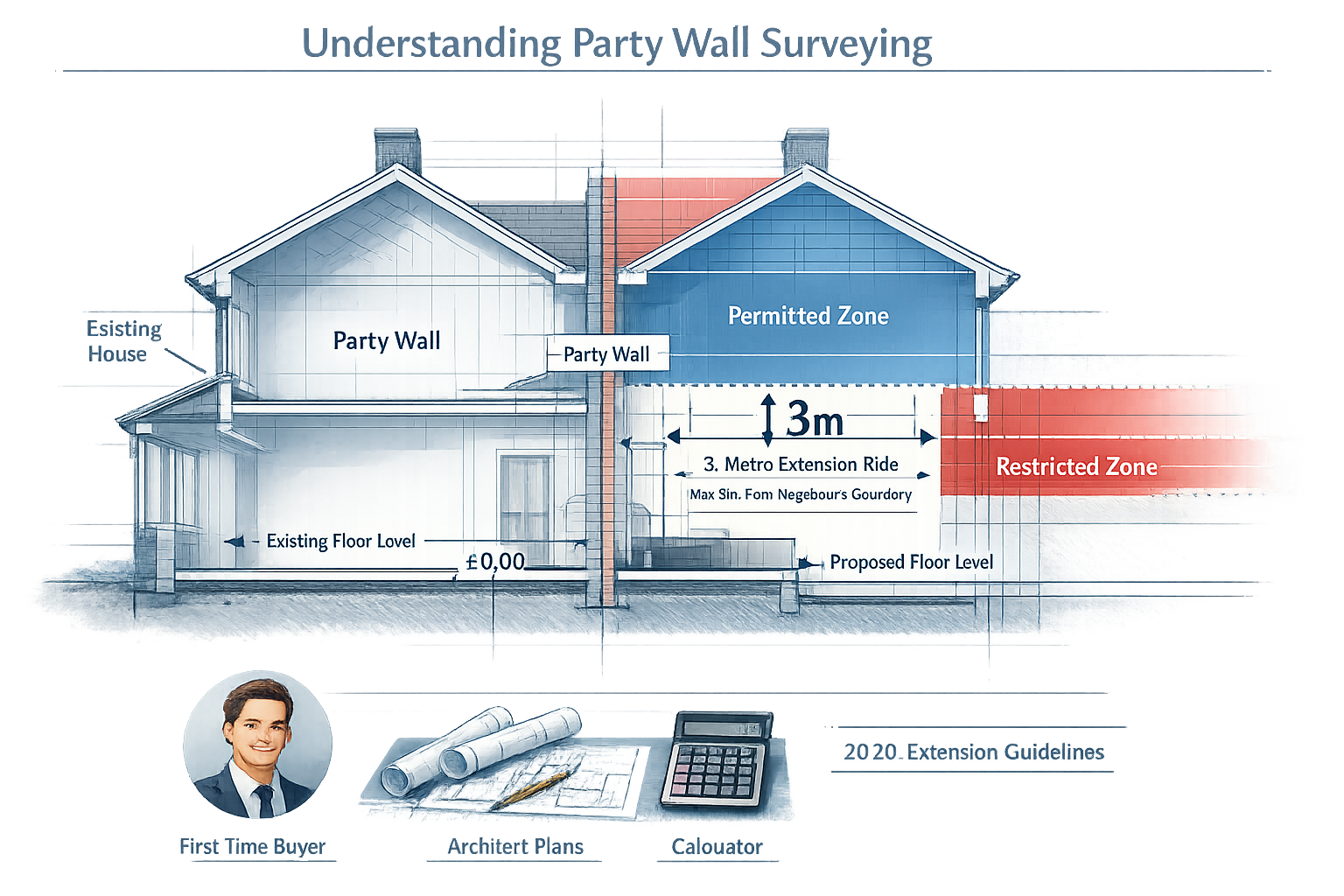 Technical illustration for 'Understanding Party Wall Surveying' section depicting a cross-sectional view of two connected