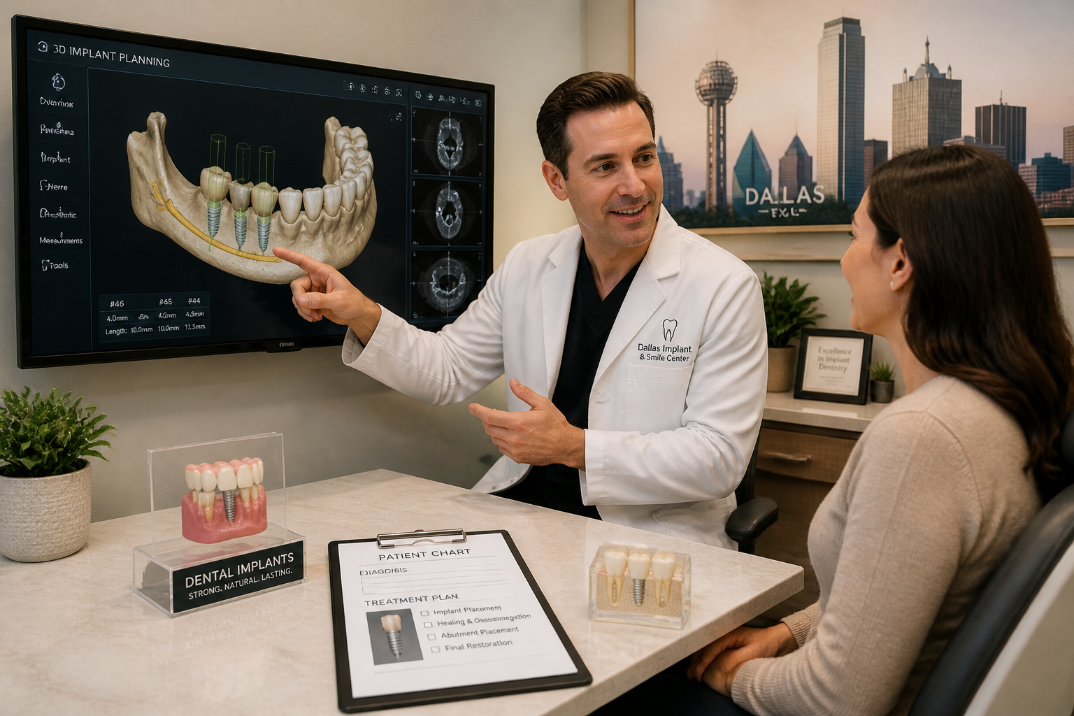 Detailed () image illustrating the initial consultation and diagnostic phase for dental implants. A Dallas-based dentist,