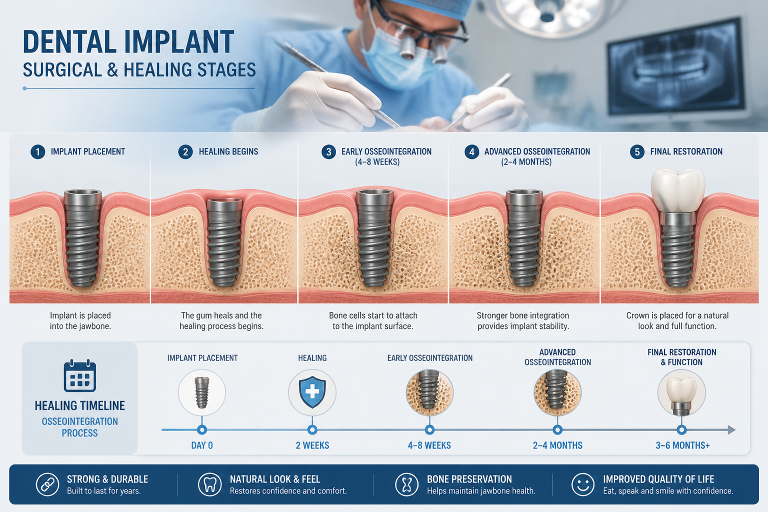 () image visually representing the dental implant surgical and healing stages. The image features a stylized cross-section