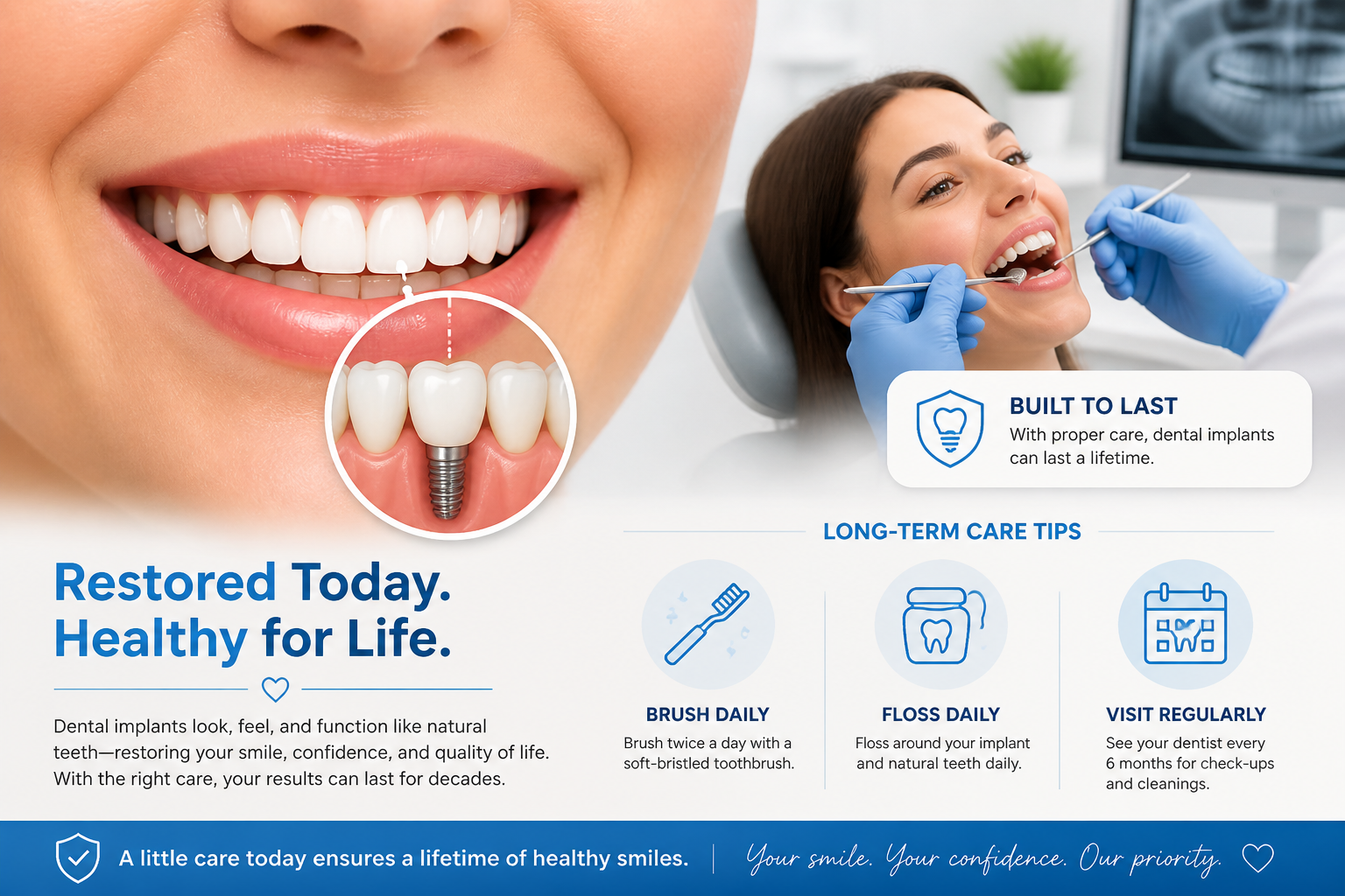 () image depicting the final restoration and long-term care of dental implants. The primary focus is a close-up of a