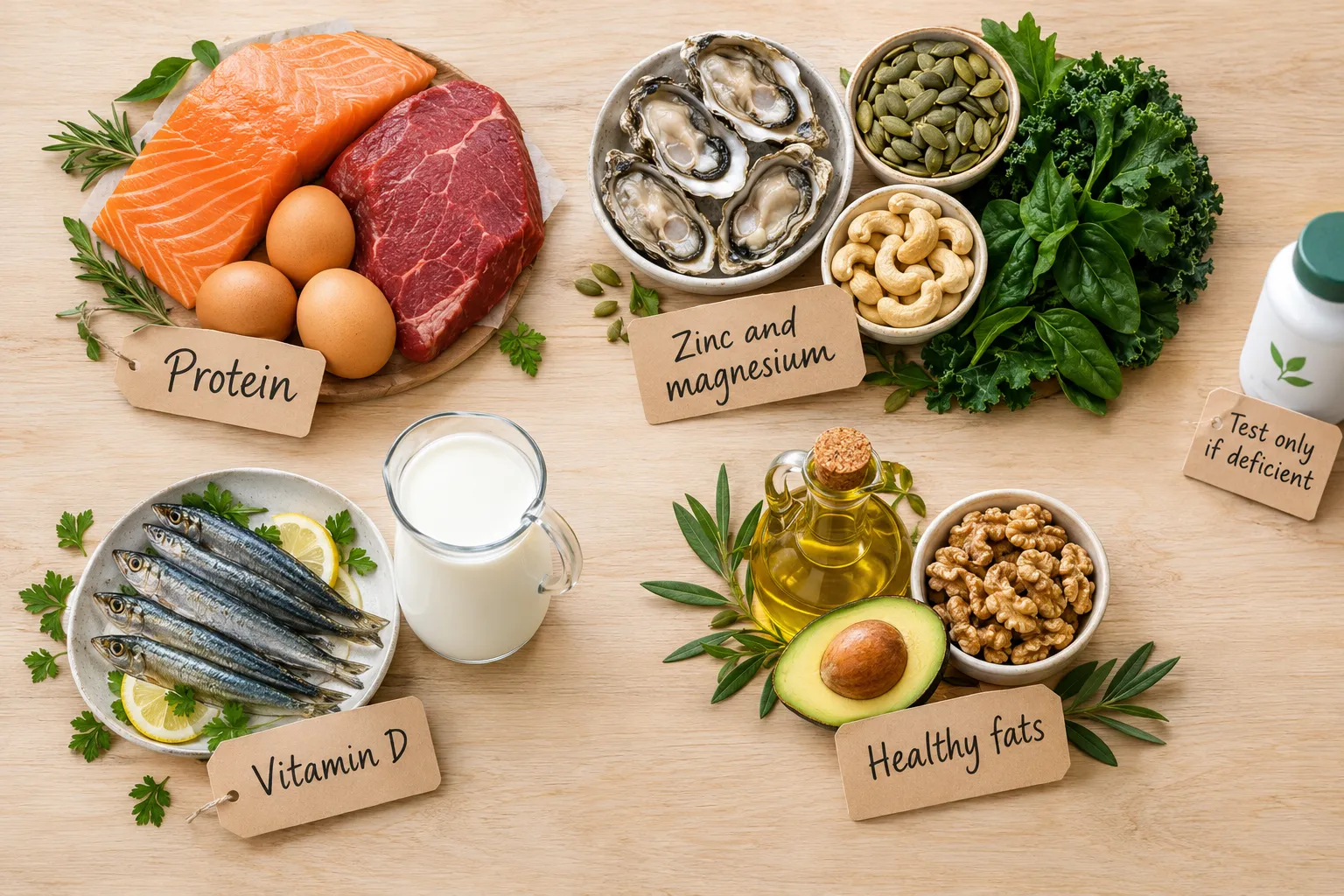 What foods help increase testosterone naturally, and do any supplements work?