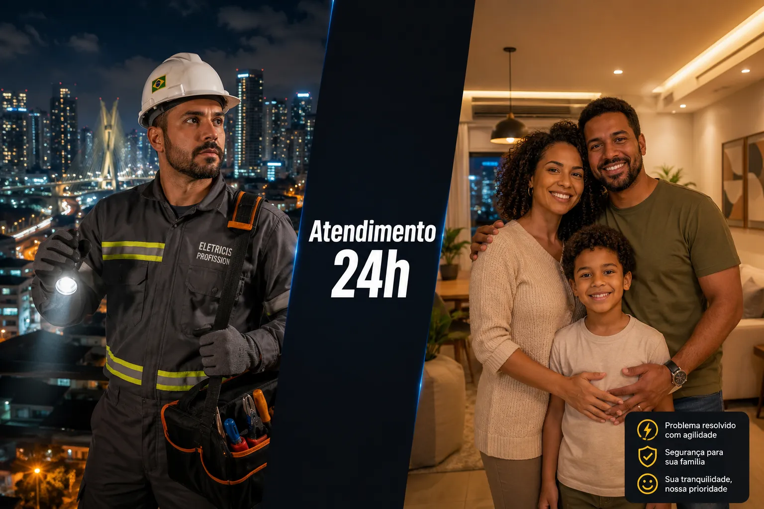 Editorial () split-screen composition: left half shows a Brazilian electrician in safety gear responding urgently at night,