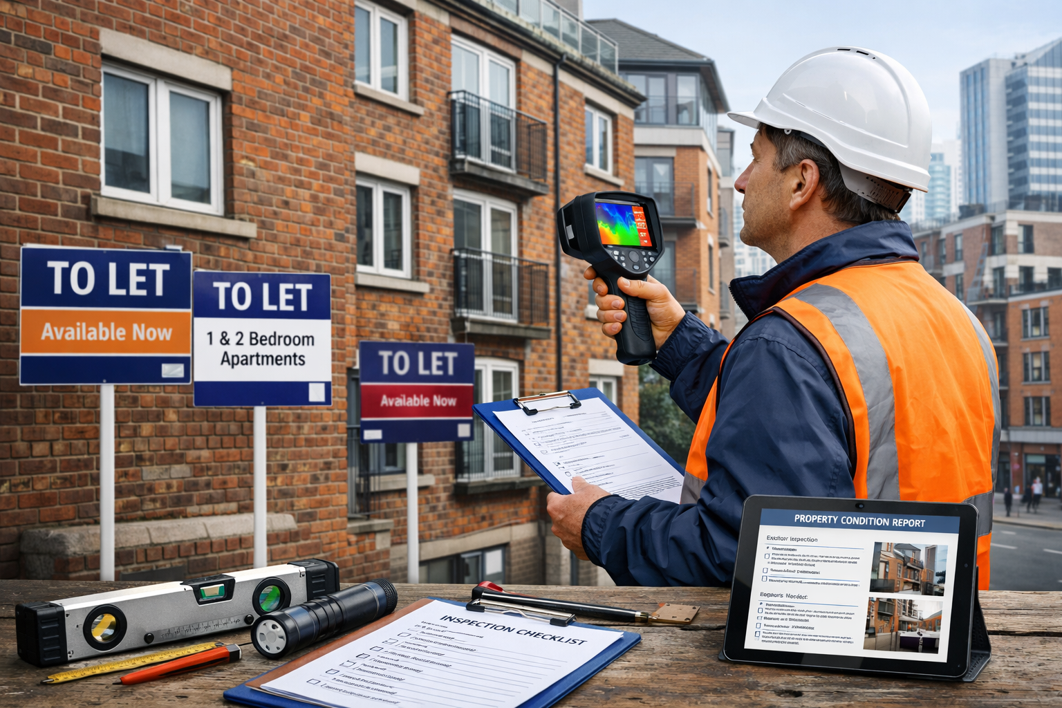Detailed () image showing professional building surveyor in high-visibility vest conducting property inspection of
