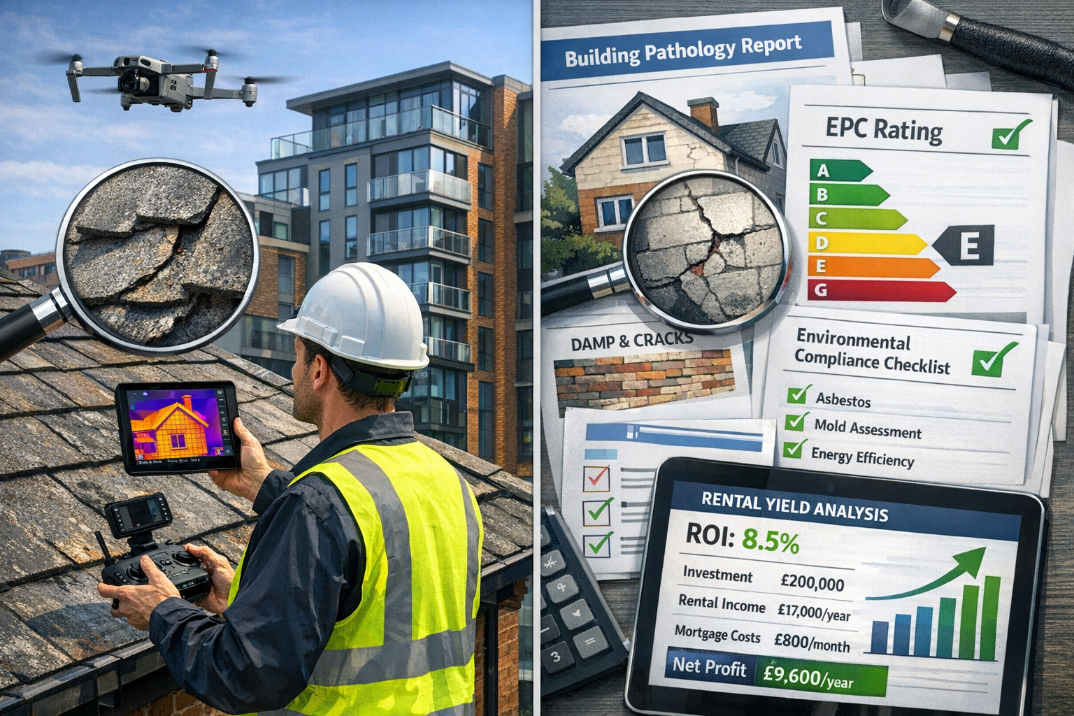 Detailed () image showing building surveyor's comprehensive property assessment framework with split-screen composition.