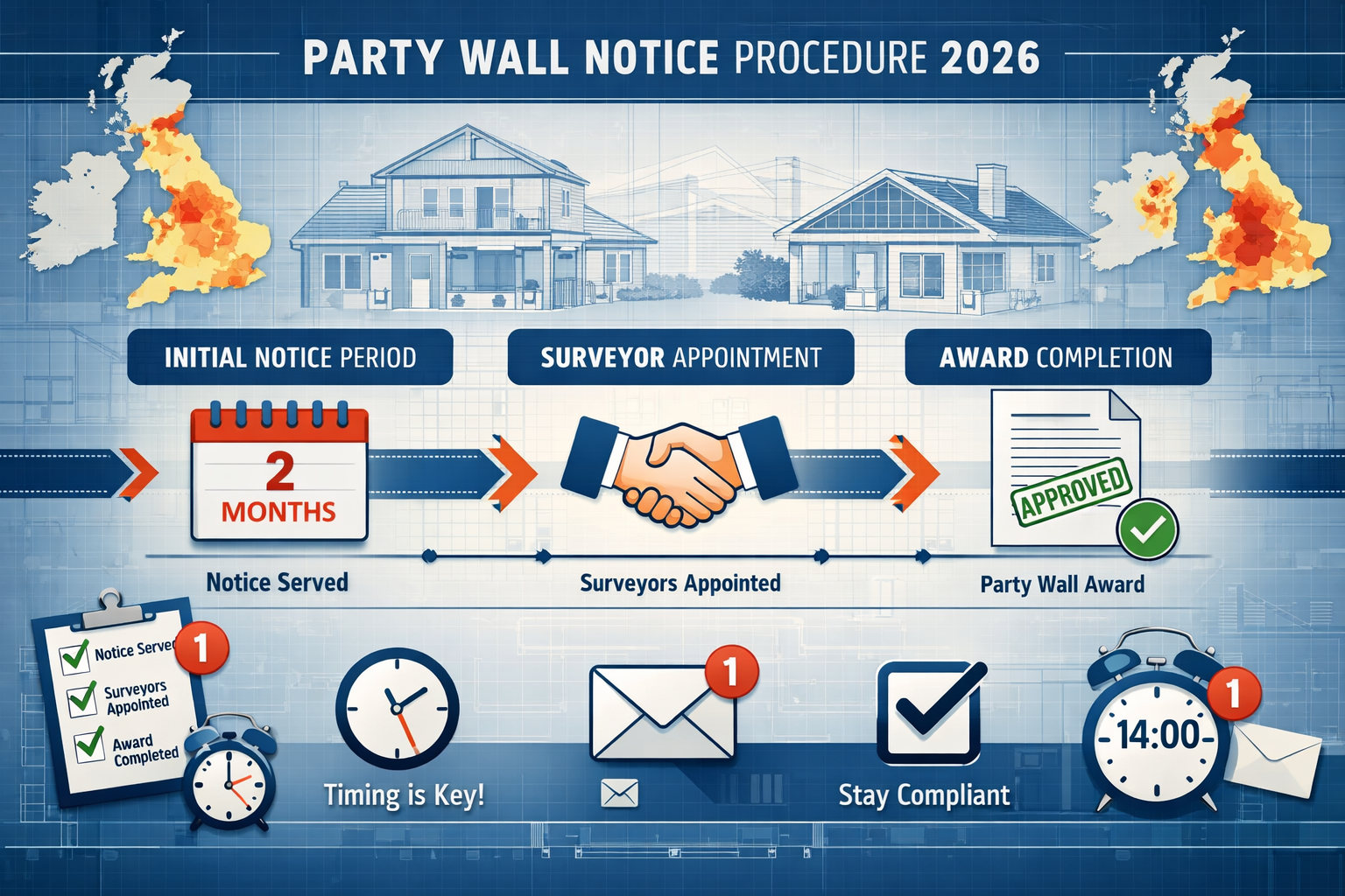 Detailed () illustration showing strategic timeline visualization for party wall notice procedures in 2026. Central focus on