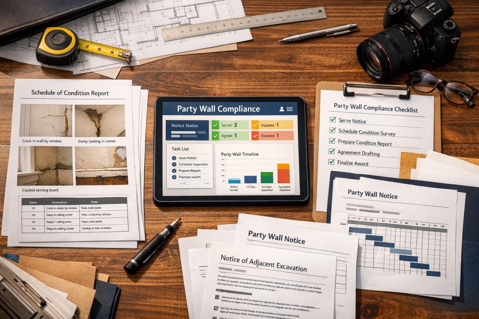 Detailed () photographic composition showing party wall compliance documentation and surveyor workflow in action. Main