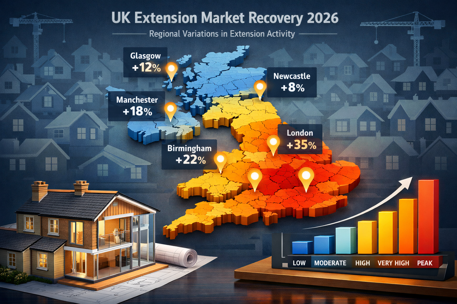 Detailed () conceptual illustration depicting regional variations in 2026 extension market recovery across UK. Central