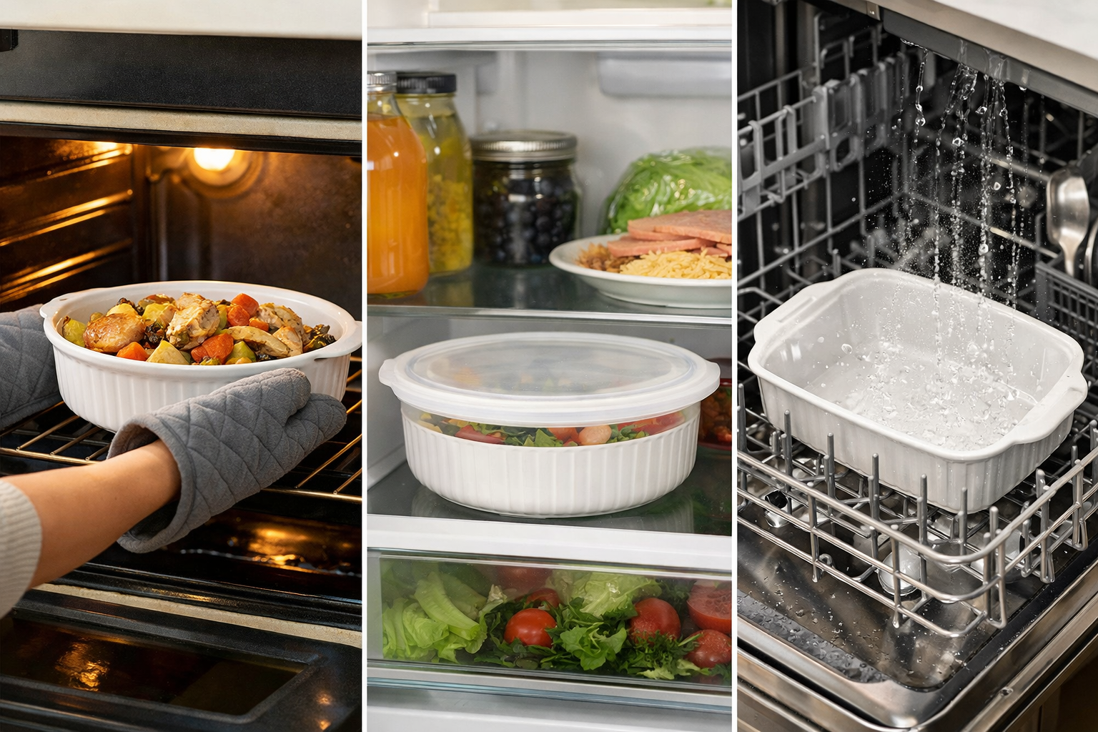Detailed showcase of CorningWare French White 7-Pc Ceramic Bakeware Set with Lids highlighting key features in action — one dish going into an oven, another being stored in a refrigerator with lid on, and a third being washed in a dishwasher, demonstrating multi-environment versatility
