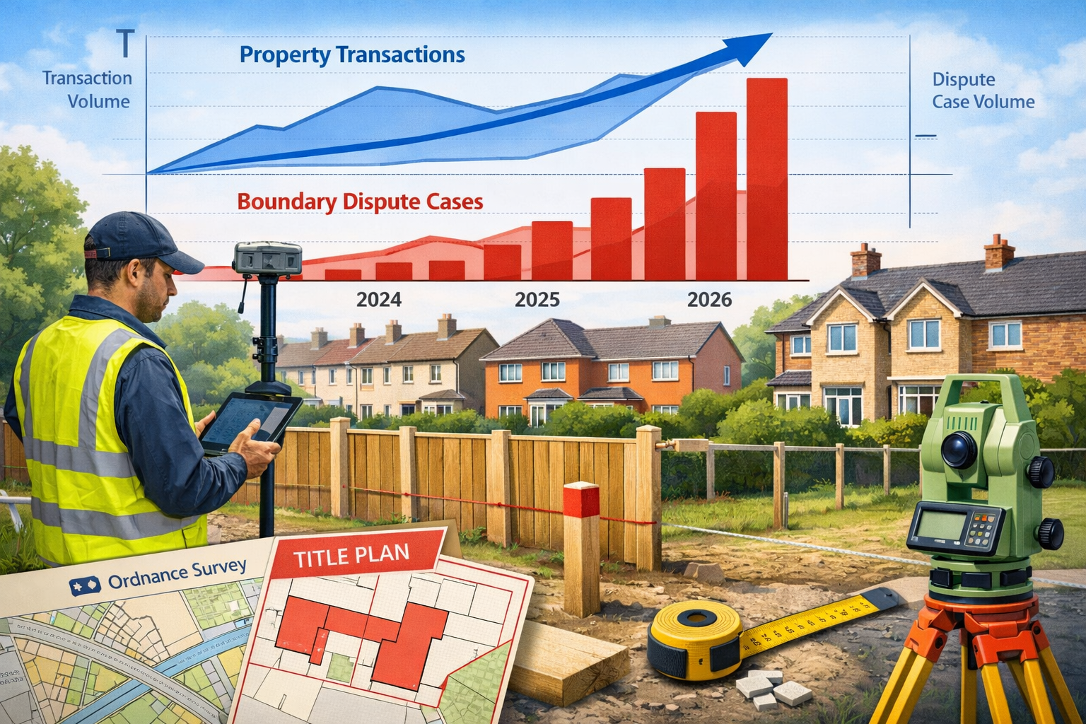 Landscape format (1536x1024) detailed illustration showing UK property transaction activity rebound graph with upward trending line from 202