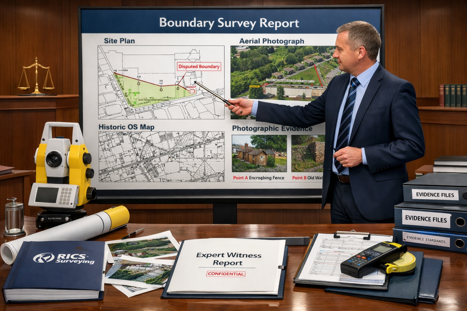 Landscape format (1536x1024) professional courtroom or legal consultation scene showing expert witness surveyor presenting evidence. Central