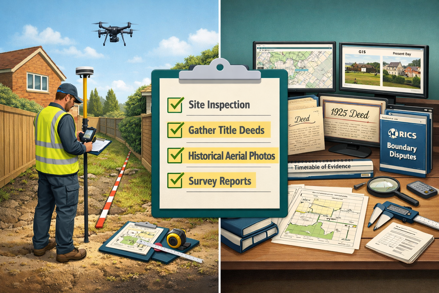 Landscape format (1536x1024) split-screen composition showing best practices for boundary dispute resolution. Left panel: surveyor conductin