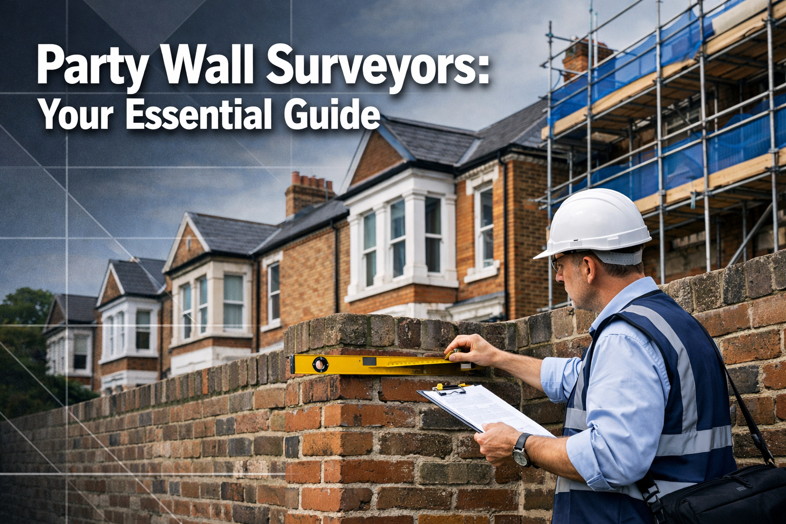 Professional landscape format (1536x1024) editorial hero image featuring bold text overlay 'Party Wall Surveyors: Your Essential Guide' in e
