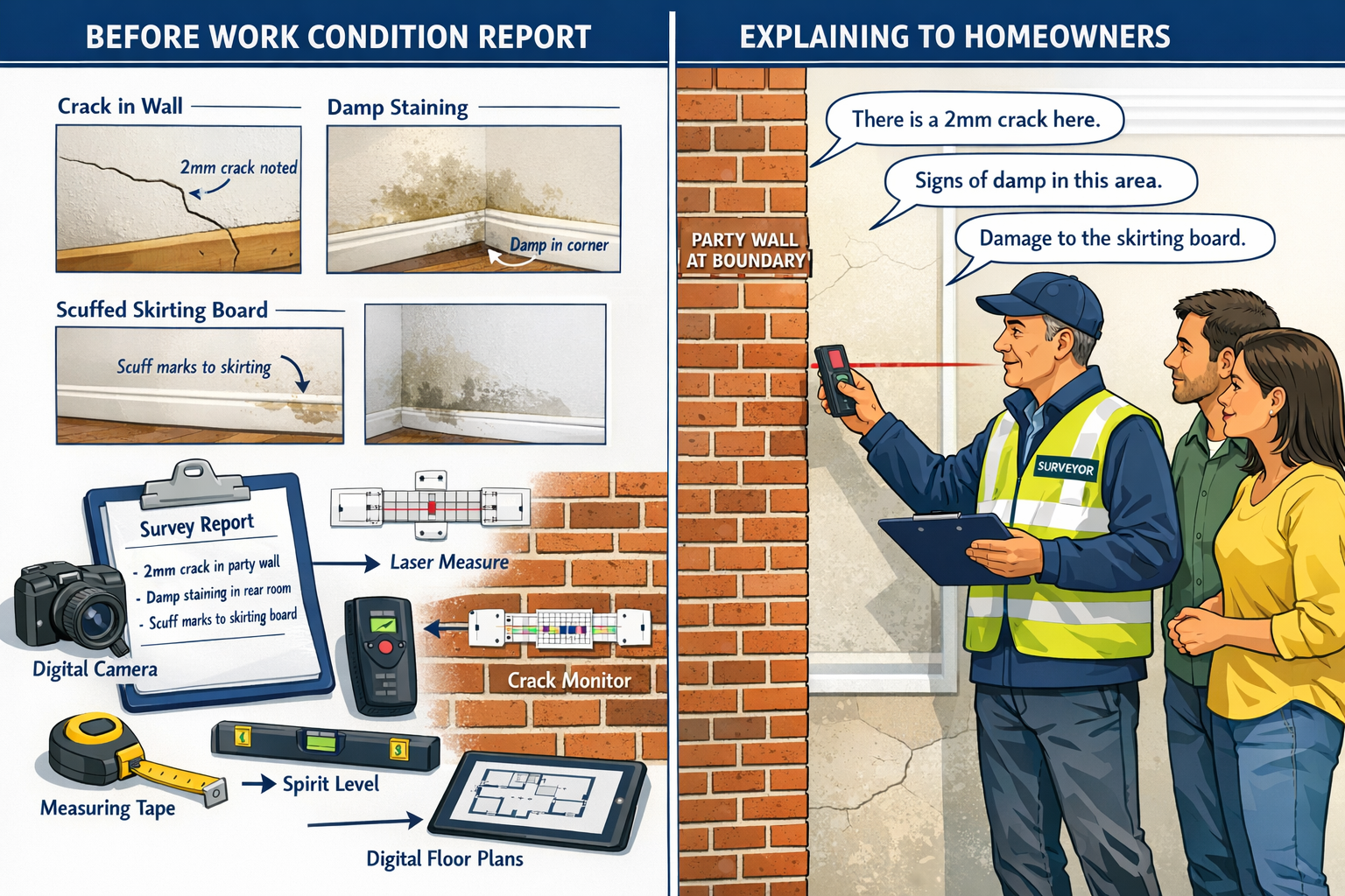 Landscape format (1536x1024) detailed illustration showing professional party wall surveyor conducting property inspection at shared boundar