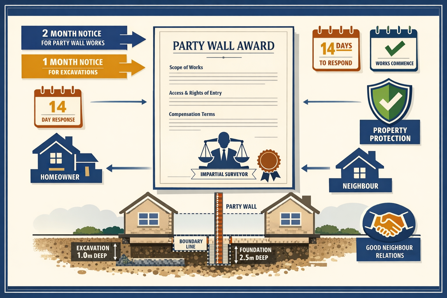 Landscape format (1536x1024) comprehensive infographic-style illustration depicting the party wall award process and legal framework. Centra