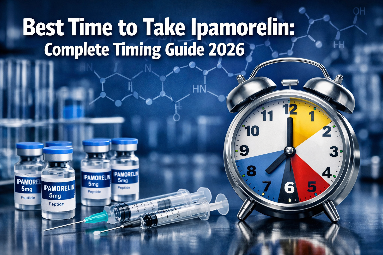 Professional landscape format (1536x1024) hero image featuring bold text overlay 'Best Time to Take Ipamorelin: Complete Timing Guide 2026'