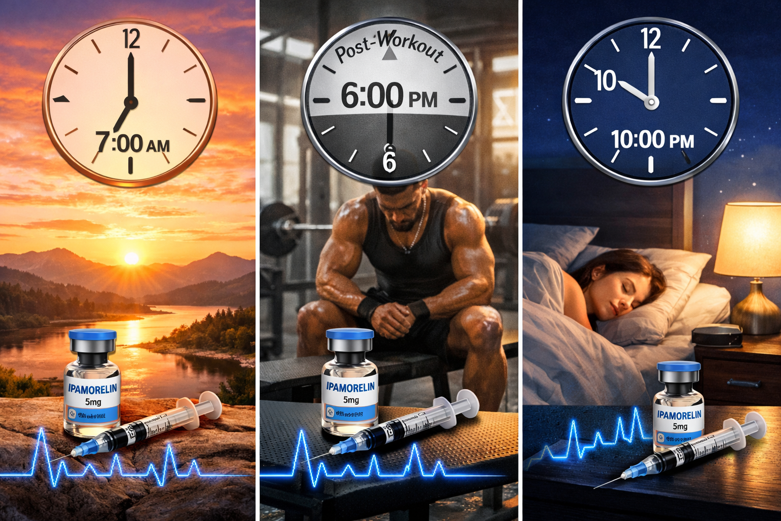 Detailed landscape format (1536x1024) image showing three distinct timing windows for ipamorelin injection: morning sunrise scene, post-work