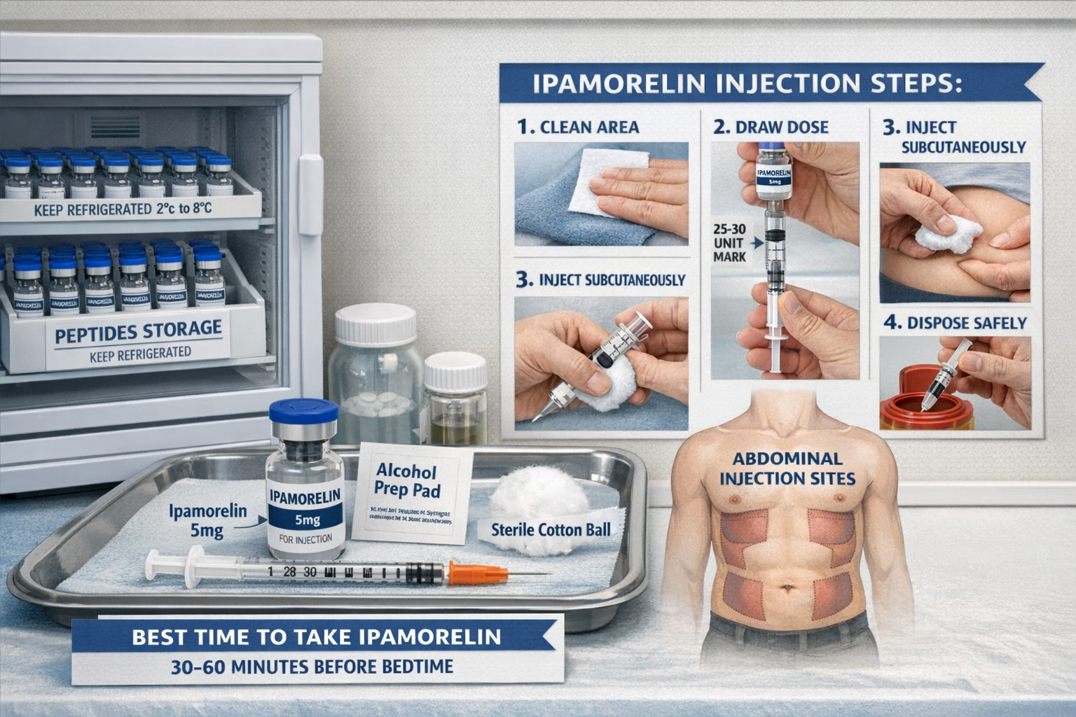 Detailed landscape format (1536x1024) image showcasing proper ipamorelin injection technique and storage. Medical-grade setting with sterile