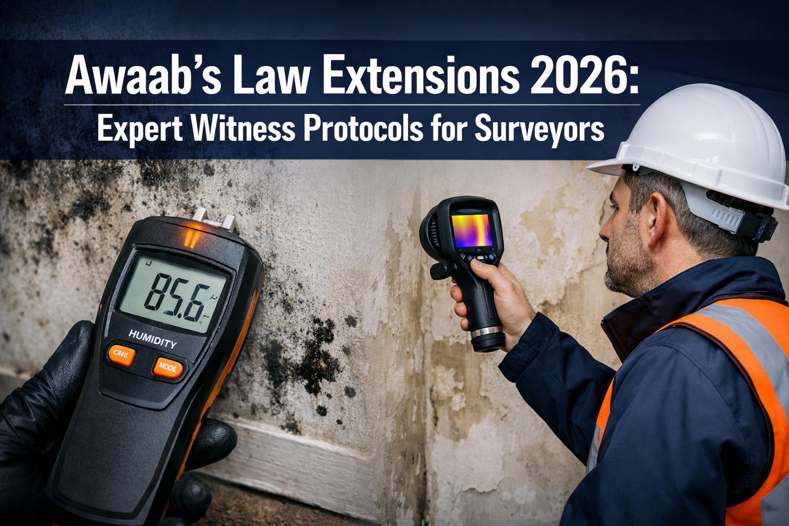 Professional () hero image with : 'Awaab's Law Extensions 2026: Expert Witness Protocols for Surveyors' in extra large white