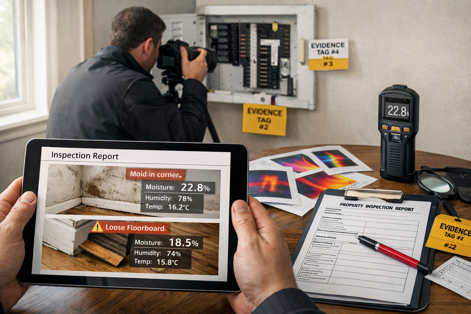 () professional scene showing surveyor conducting expert witness evidence preparation in rental property. Foreground shows