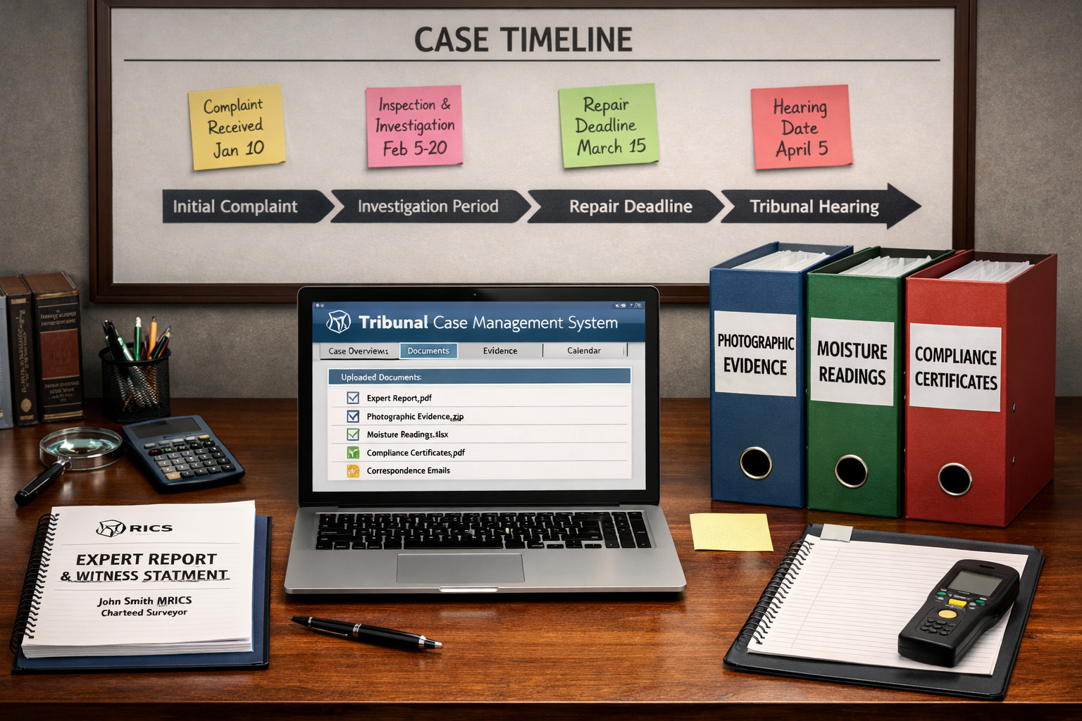 () tribunal hearing preparation workspace showing organized expert witness documentation system. Large desk surface displays
