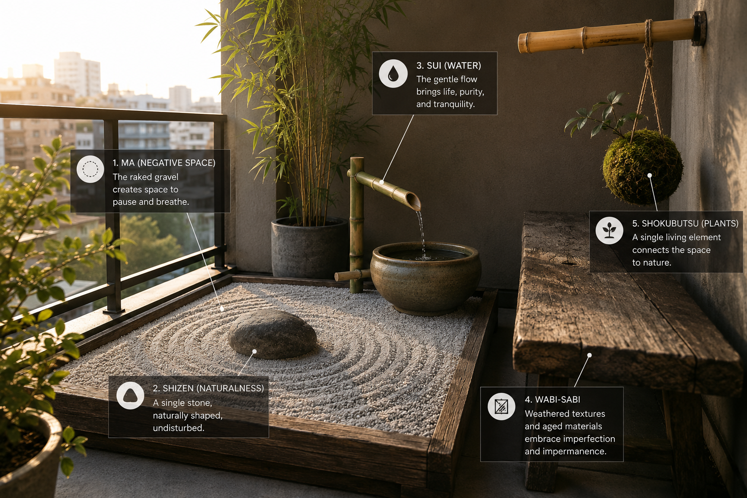 Wide-angle () editorial photo showing the five core Japanese zen garden design principles visualized on a compact urban