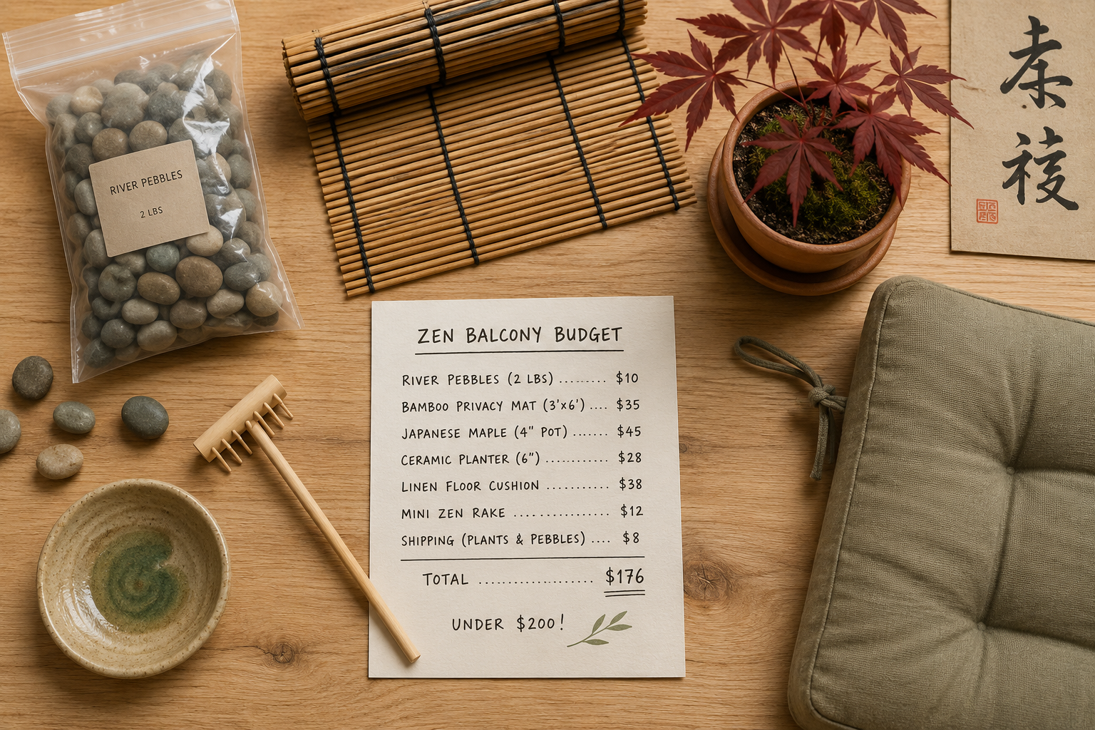 Overhead flat-lay () showing a budget breakdown for a zen balcony makeover: materials laid out on natural wood surface