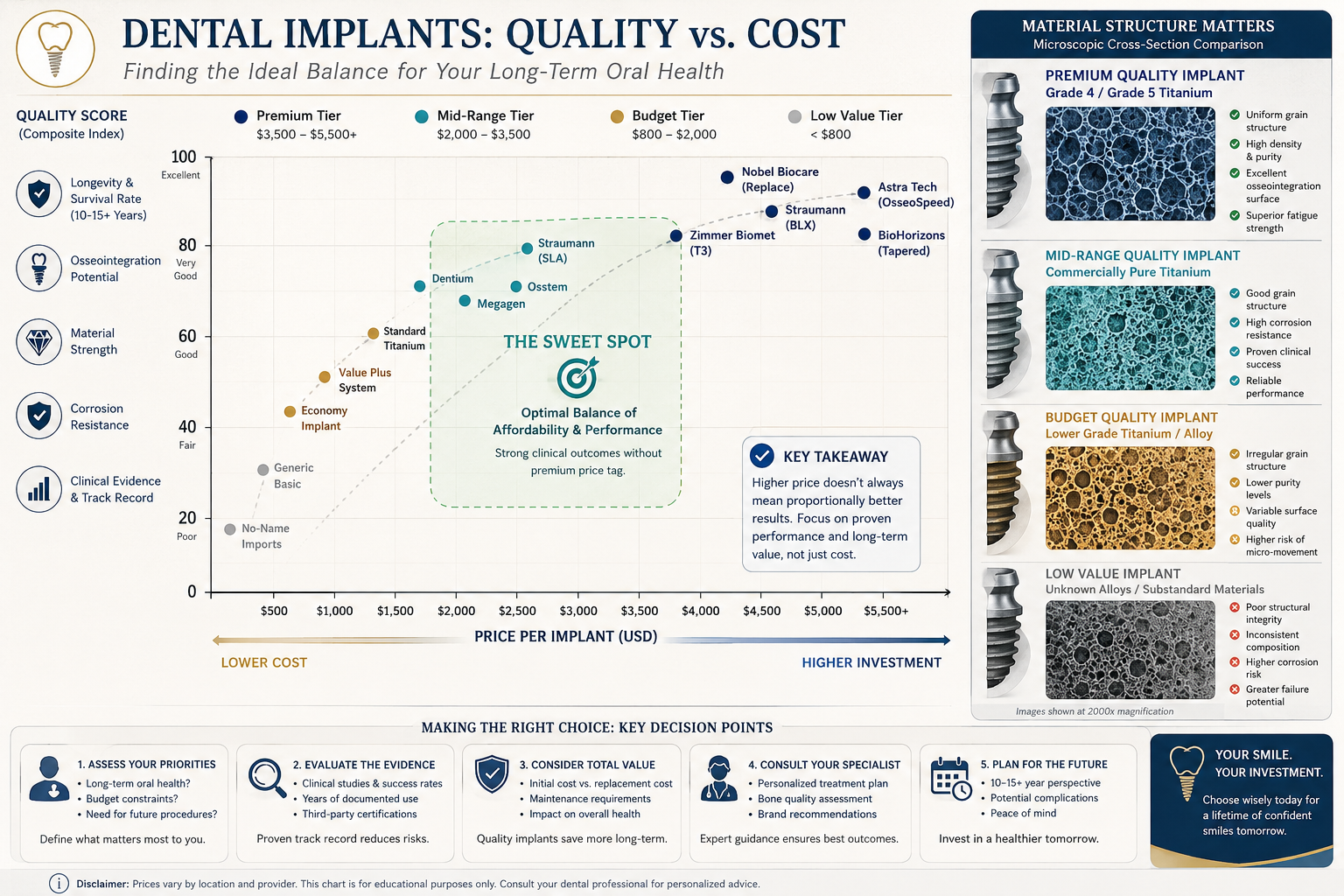 Comparative visual representation of dental implant quality versus cost, using a sophisticated scatter plot with quality