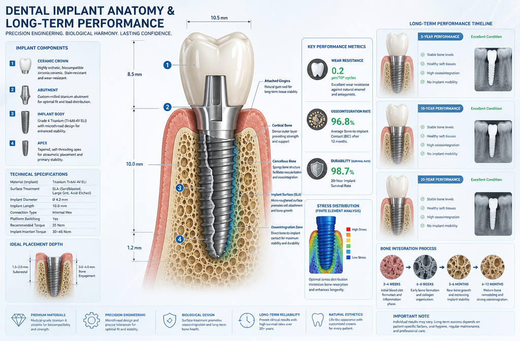 Technical medical illustration showing cross-section of dental implant longevity factors. Cutaway view revealing implant