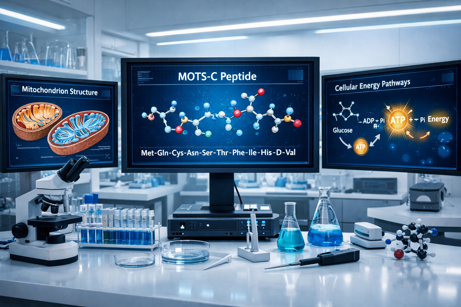 Scientific laboratory scene showing MOTS-C peptide molecular structure with amino acid sequence displayed on digital screens, mitochondrial 