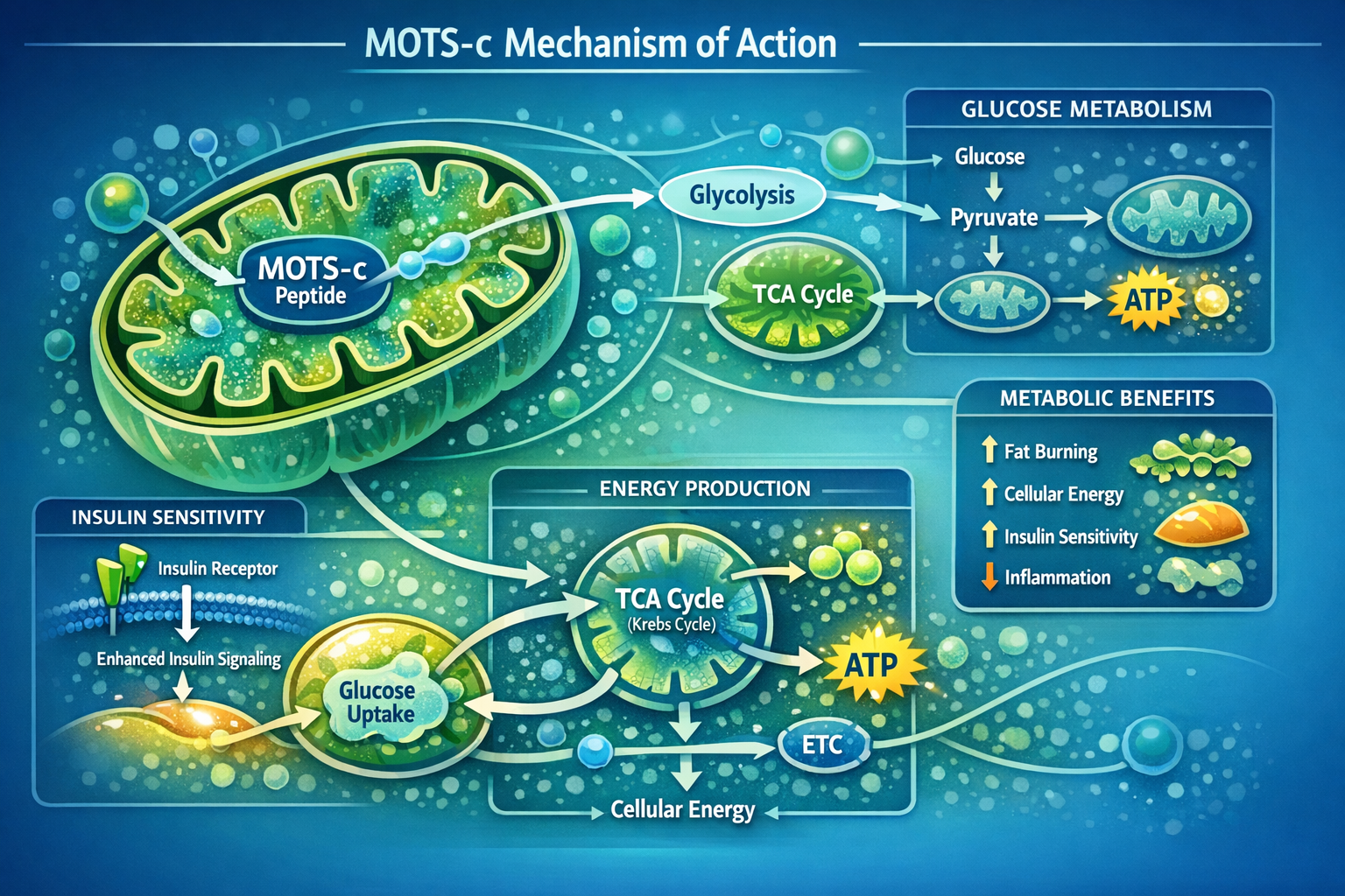 Detailed infographic showing MOTS-C mechanism of action within mitochondria, cellular energy production pathways, glucose metabolism charts,