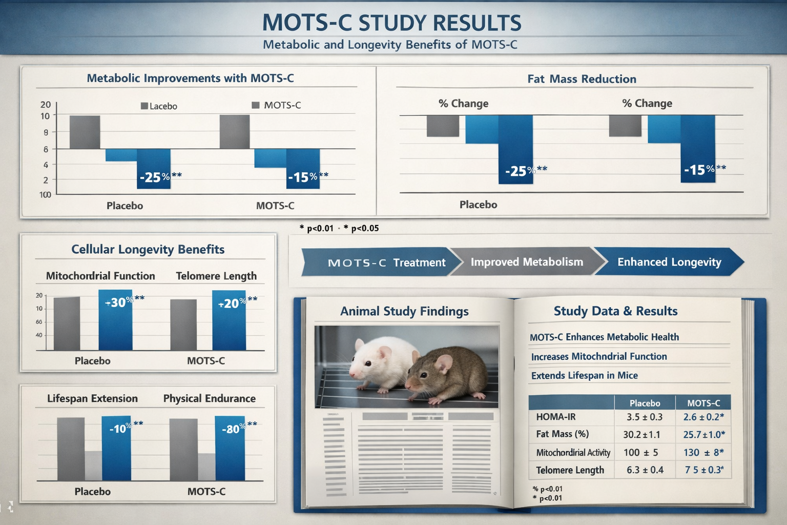 Research data visualization displaying MOTS-C study results, bar graphs showing metabolic improvements, cellular longevity charts, aging res