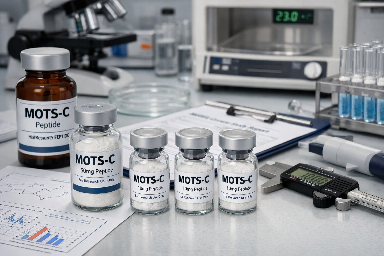 High-quality peptide vials and research materials on laboratory bench, MOTS-C powder in scientific containers, precision measurement tools, 