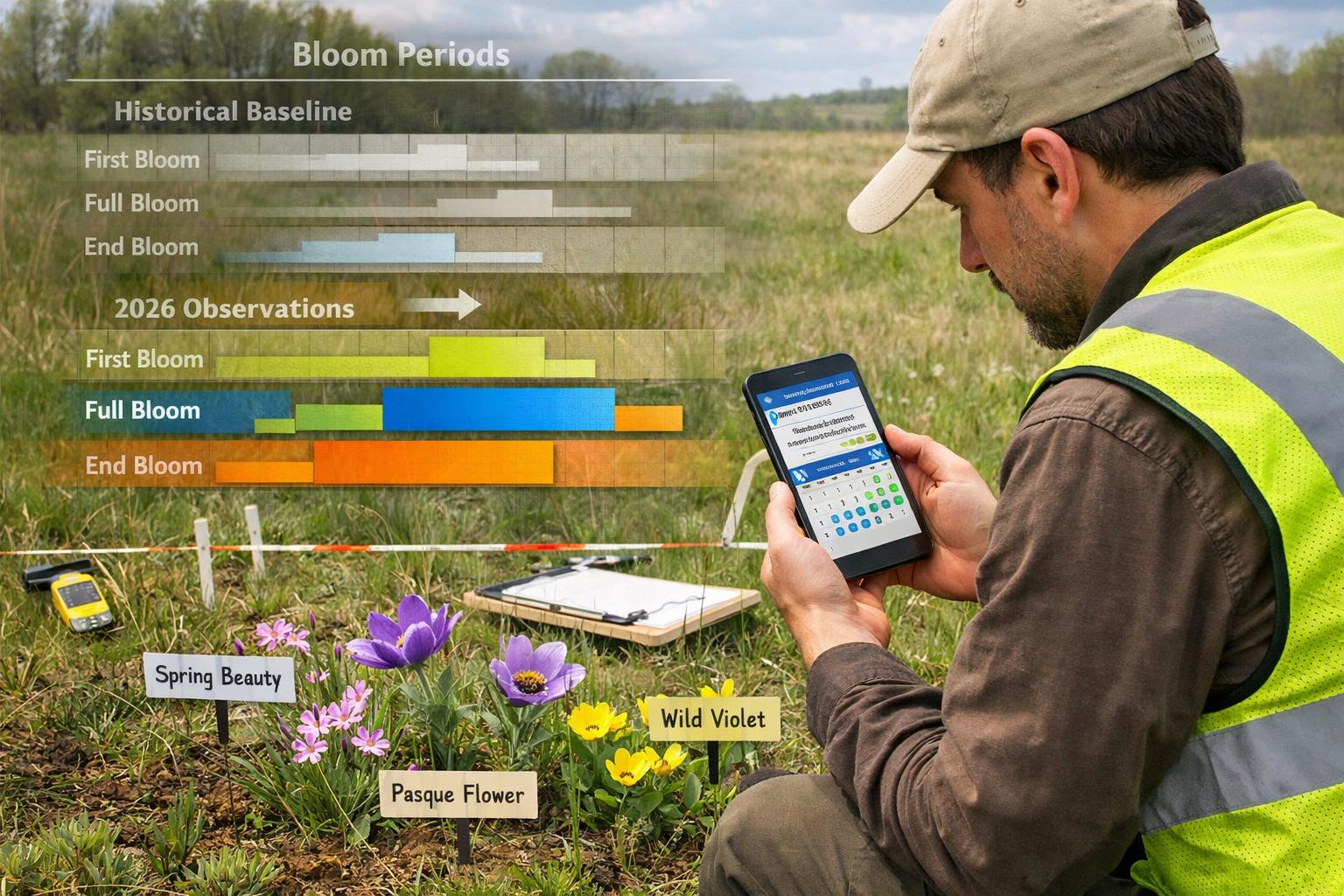Detailed () image showing ecologist in high-visibility vest kneeling in grassland habitat conducting phenological survey,